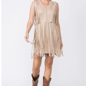 Vocal Taupe Suede Fringed Sleeveless Western Dress